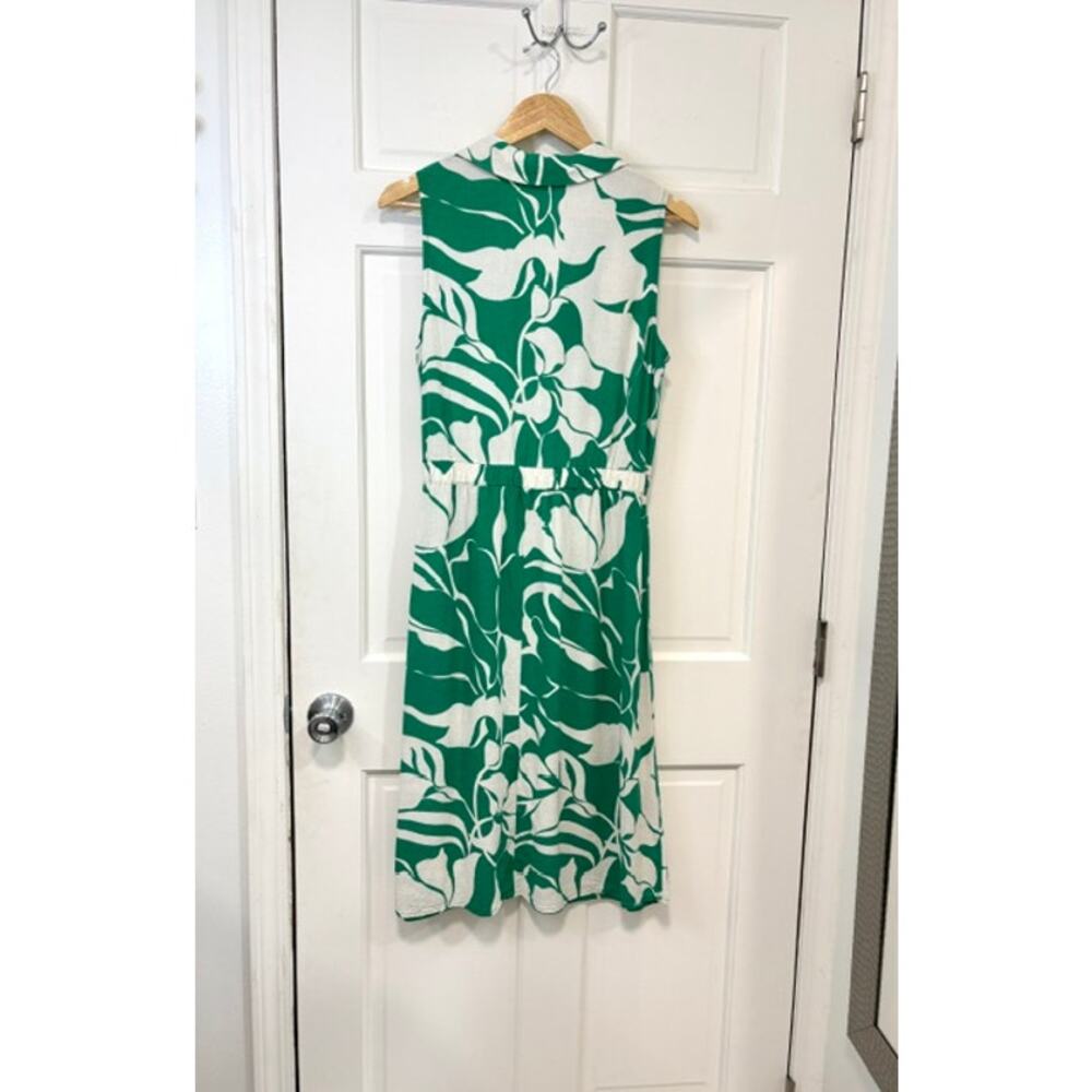 Luxology Linen Blend Sleeveless Mock Wrap Midi Dress‎ Sz M Green Tropical Leaf - Picture 9 of 12